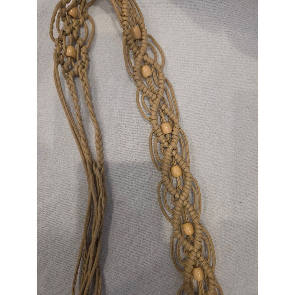 Vintage Y2K Macrame Boho Beige Belt Wood Beads Hippie Festival Cord Tied Y2K